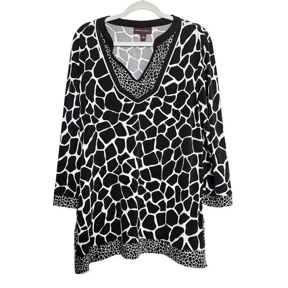 Dana Buchman Black White Giraffe Print Tunic Top L Animal Print Bold Retro - Picture 1 of 4